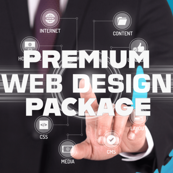 A man in a suit pushing floating icons with the words "Premium Web Design Package"