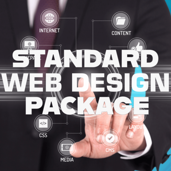 A man in a suit pushing floating icons with the words "Standard Web Design Package"