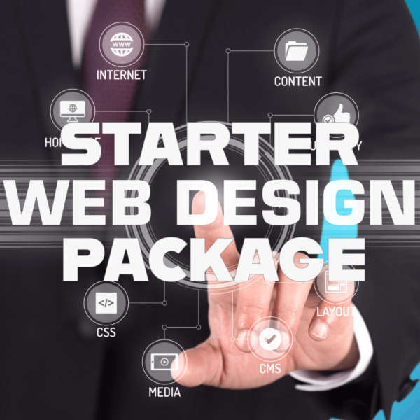 A man in a suit pushing floating icons with the words "Starter Web Design Package"